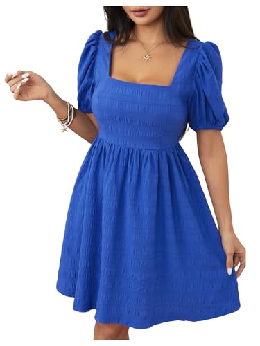416eHZZ6b1L.jpg Women's Summer Square Neck Puff Sleeve Dress Casual Vacation Swing A Line Short Dress
