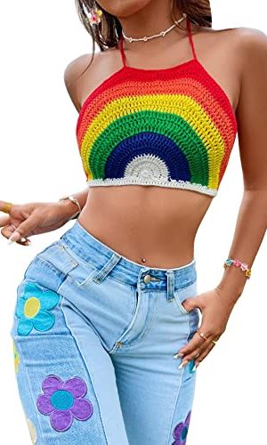 Women's Backless Rainbow Striped Halter Tie Back Tops Sleeveless Knit Crop Top