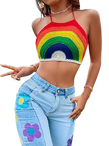 416hlUOAj0L.jpg Women's Backless Rainbow Striped Halter Tie Back Tops Sleeveless Knit Crop Top