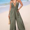 4170b8y-zaL.jpg Women's Summer Jumpsuit Plunging Halter Sleeveless Striped Casual Dressy Outfit Wide Leg Pockets Maxi Overall