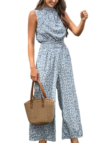 Women Floral Summer Maxi Jumpsuit with Pocket Mock Neck Elastic Waist Wide Leg Business Wedding Casual Holiday Dressy