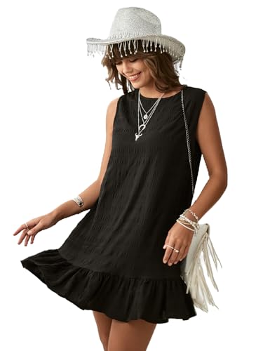 Women's Ruffle Hem Sleeveless Tank Dress Round Neck Casual Smock Summer Mini Dresses