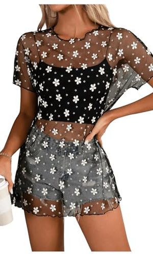 417djc0GaNL.jpg Women's Floral Sheer Mesh Swimsuit Coverups Short Sleeve Mini Beach Dresses