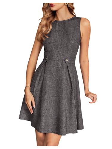 417iqV3s4mL.jpg Women's Sleeveless Dresses Elegant A-Line Button Loop Decor Round Neck Sundresses