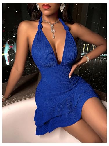 Women's Summer Halter Bodycon Mini Dress Sexy Deep V Ruffle Party Cocktail Cami Dresses