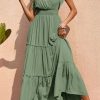Women's Cross Neck Summer Sleeveless Tiered Maxi Dress Beach Tie Strap Smocked Long Dresses Pleated Sundress