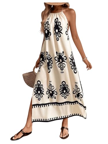 Women's Backless Halter Cami Dress Boho Print Sleeveless Split Hem Long Summer Dresses