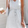 Women's Knit Drawstring Waist Mini Dress V Neck Sleeveless A Line Casual Summer Dresses with Pockets
