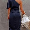 419Gdx3kJvL.jpg Women's Satin Dress Backless One Shoulder Short Sleeves Midi High Low Hem Cocktail Party Dress