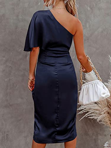 419Gdx3kJvL.jpg Women's Satin Dress Backless One Shoulder Short Sleeves Midi High Low Hem Cocktail Party Dress