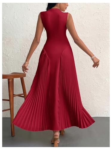 Women's Maxi Dress Sleeveless Pleated A Line Mock Neck Flowy Long Dresses