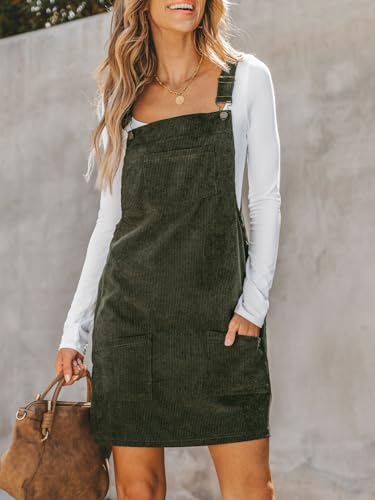 Women Corduroy Fall Dresses Front Bib Pocket Square Neck Wide Strap Casual Overall Mini Dress