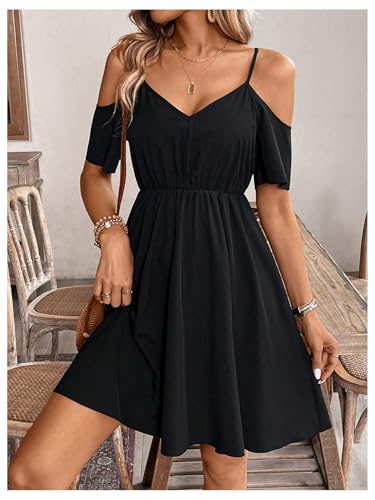 419L4HRRZoL.jpg Women's Ruffle Cold Shoulder Dress Cut Out Short Sleeve A Line Summer Dresses