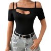 419TaPBnV7L.jpg Women's Cut Out Top Cold Shoulder Short Sleeve Fitted Solid T Shirts