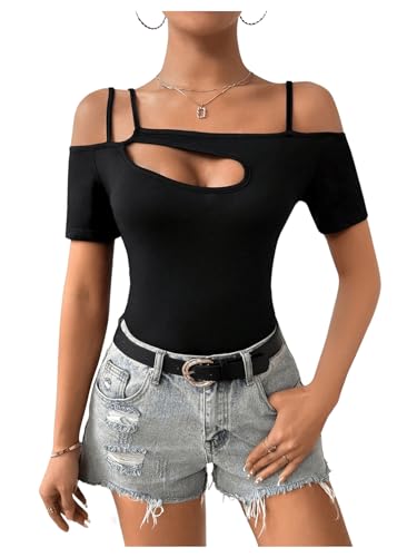 419TaPBnV7L.jpg Women's Cut Out Top Cold Shoulder Short Sleeve Fitted Solid T Shirts