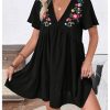 419nSfQjL.jpg Women's Summer Dress Floral Embroidery V Neck Short Sleeve Ruffle Hem Babydoll Flowy Loose Mini Dresses