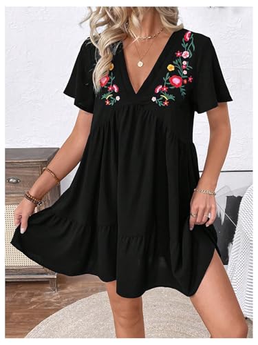419nSfQjL.jpg Women's Summer Dress Floral Embroidery V Neck Short Sleeve Ruffle Hem Babydoll Flowy Loose Mini Dresses
