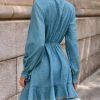 419rY5QRL.jpg Women's Ruffle Mini Fall Dress Smocked V Neck Tie Waist Long Lantern Sleeve Flounce Hem Casual Autumn Dresses