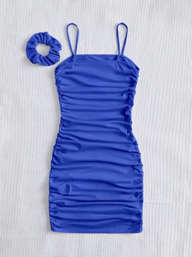 419zJMskowL.jpg Girl's Ruched Sleeveless Bodycon Pencil Cami Midi Dress with Hair Scrunchies