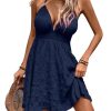 Women's Summer Dress Deep V Neck Spaghetti Strap Shirred A Line Flowy Textured Vacation Short Dresses Sundress