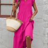 Women's Cap Sleeve Ruffle Hem Long Dress V Neck High Waist Smock Dresses