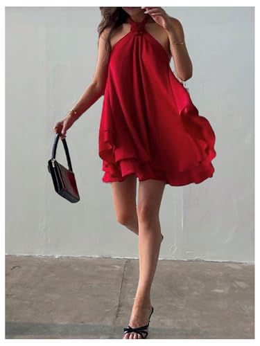 41AgKg3zWGL.jpg Women's Summer Halter Dress 3D Floral Ruffle Swing Flowy Beach Mini Dresses