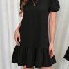 Women's Short Puff Sleeve Ruffle Hem Mini Dress Casual Round Neck Solid Smock Dress