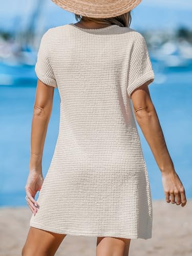 Women Waffle Knit Bathing Suit Cover Up Short Sleeve Twist Hem Swimsuit Coverup for Summer Vacation