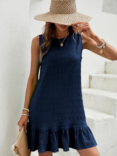 Women's Ruffle Hem Sleeveless Tank Dress Round Neck Casual Smock Summer Mini Dresses