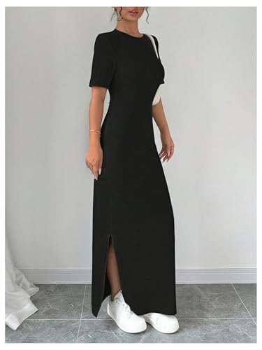 Women's Summer Dress Crew Neck Short Sleeve Split Casual Bodycon Long Dresses