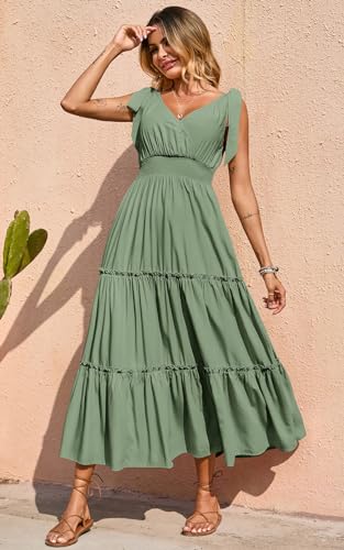 Women's Cross Neck Summer Sleeveless Tiered Maxi Dress Beach Tie Strap Smocked Long Dresses Pleated Sundress