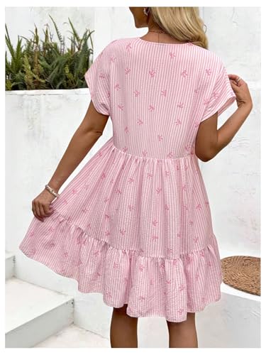 Women's Summer V Neck Short Smocked Dress Striped Bow Print Ruffle Flowy Vacation Dresses
