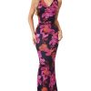 Women's Floral Print Mesh Halter Bodycon Dress Cowl Neck Tie Backless Maxi Dresses