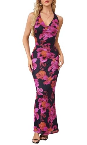 Women's Floral Print Mesh Halter Bodycon Dress Cowl Neck Tie Backless Maxi Dresses