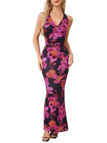 Women's Floral Print Mesh Halter Bodycon Dress Cowl Neck Tie Backless Maxi Dresses