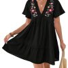 41CwSyhiFCL.jpg Women's Summer Dress Floral Embroidery V Neck Short Sleeve Ruffle Hem Babydoll Flowy Loose Mini Dresses