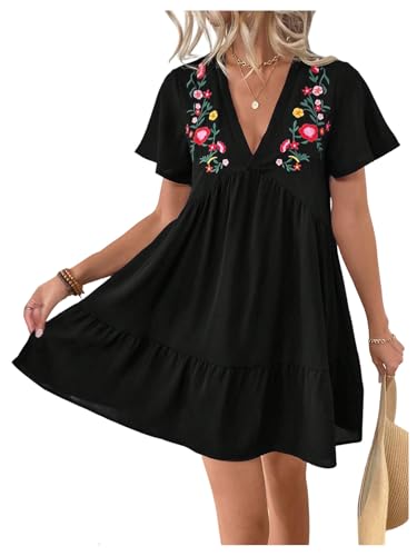 41CwSyhiFCL.jpg Women's Summer Dress Floral Embroidery V Neck Short Sleeve Ruffle Hem Babydoll Flowy Loose Mini Dresses