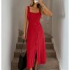 41DIvnG3csL.jpg Women's Square Neck Button Down Summer Dresses Bow Tie Elegant Midi Dress