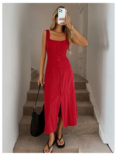 41DIvnG3csL.jpg Women's Square Neck Button Down Summer Dresses Bow Tie Elegant Midi Dress