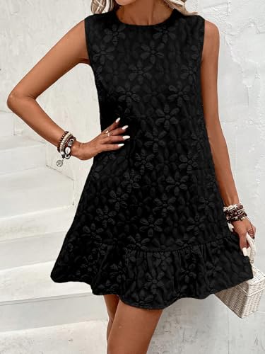 41DR6rGc5OL.jpg Women's Ruffle Hem Sleeveless Tank Dress Round Neck Casual Jacquard Hem Smock Summer Mini Dresses