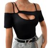 41DS4GPgfML.jpg Women's Cut Out Top Cold Shoulder Short Sleeve Fitted Solid T Shirts
