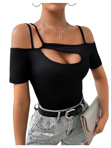 41DS4GPgfML.jpg Women's Cut Out Top Cold Shoulder Short Sleeve Fitted Solid T Shirts