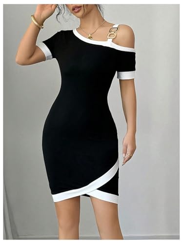 41DTI5Oz5L.jpg Women's Cold Shoulder Short Sleeve Bodycon Dress Color Block Wrap Summer Dresses