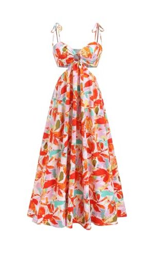 Women's Floral Print Cut Out Dress Tie Shoulder Sleeveless Boho Vacation Long Flowy Dresses