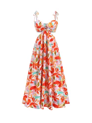 Women's Floral Print Cut Out Dress Tie Shoulder Sleeveless Boho Vacation Long Flowy Dresses