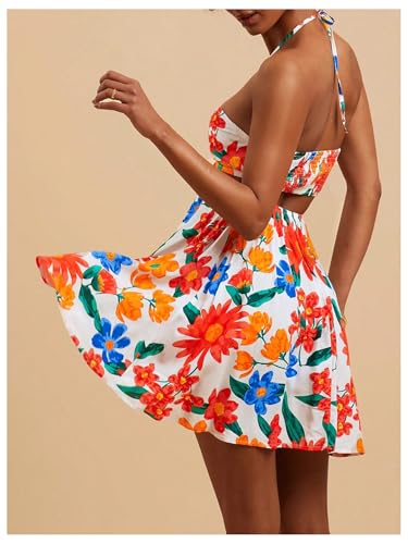 41DrxzghCsL.jpg Women's Floral Print Cut Out Sleeveless Halter Mini Dress Holiday Flowy Vacation Dresses