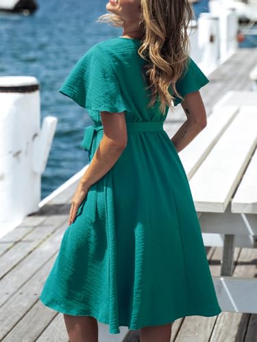 41DtAm9y8ZL.jpg Women's Dresses for Summer V Neck Solid Belt Short Sleeve Knee Length Beach Dress