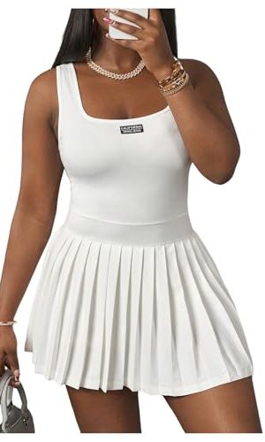 Women's Square Neck Tennis Dress Sleeveless Pleated A Line Summer Mini Dresses with Built in Shorts