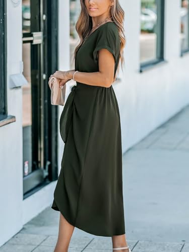 41EHFAEBm4L.jpg Women's V Neck Wrap Dress Twisted Slit Pleated Waist Tie Short Sleeve Summer Midi Dresses