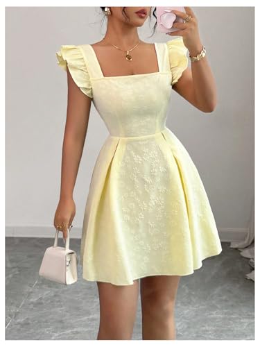 Women's Ruffle Cap Sleeve Square Neck Dress Textured Short Dress Summer Smocked A Line Dresses
